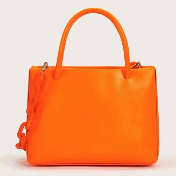 Double Handle Orange Handbag with Chain Strap - Picture 10 of 12